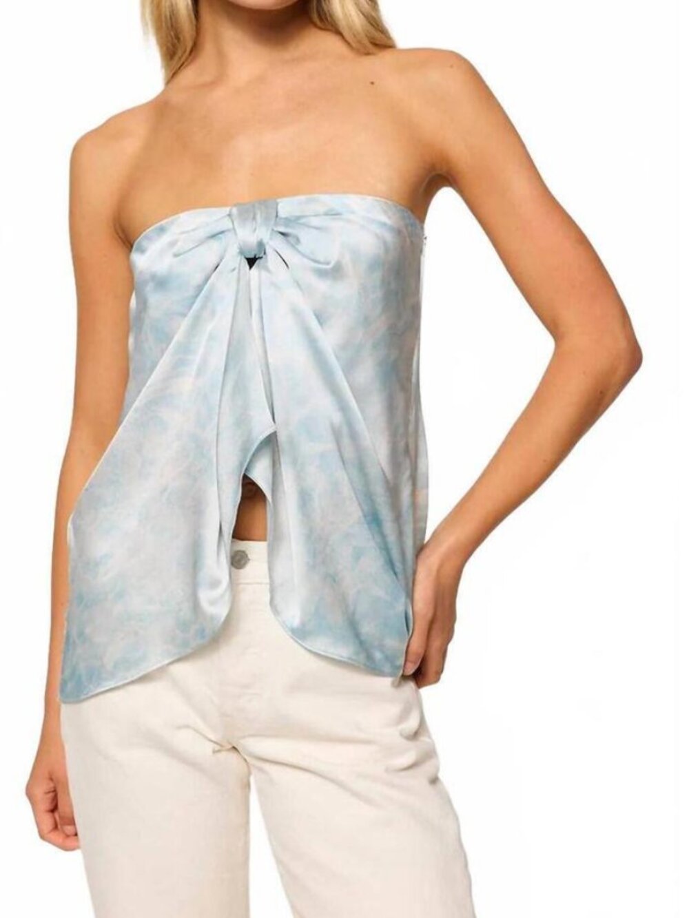 NWT MISA Los Angeles Lt Blue White (Item-41) Floral Satin Strapless Pixie Top M